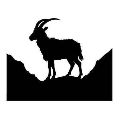 Majestic Silhouette of a Mountain Goat Against a Dramatic Landscape in Black and White Color Scheme