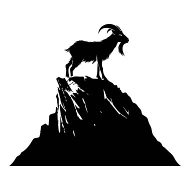 Silhouette of a Goat Standing on a Rocky Peak Against a White Background in a Minimalistic Style