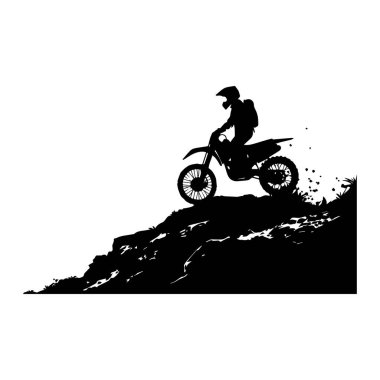 Silhouette of a Motocross Rider Climbing a Steep Hill Against a White Background