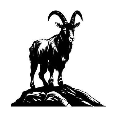 Majestic Mountain Goat Standing Proudly on Rocky Outcrop in Stylized Black and White Artwork for Nature and Wildlife Themes
