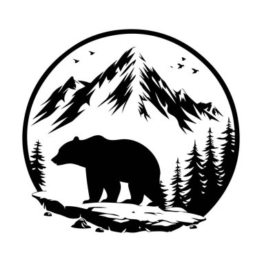 Majestic Bear Amidst Pine Trees and Mountain Landscape in Bold Black Silhouette Design for Nature Lovers and Outdoor Enthusiasts