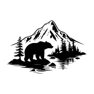 Black silhouette of a bear standing on a rock near a tranquil lake with mountains and pine trees in the background at sunset or sunrise