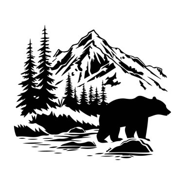 Majestic Bear Amidst Pine Trees and Mountain Landscape in Black and White Vector Illustration for Nature and Wildlife Themes