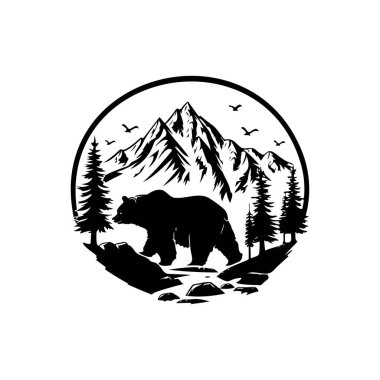 Majestic Bear Silhouette Among Mountain Landscape with Trees and Birds in a Circular Design for Nature and Wildlife Themes