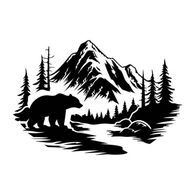 Black bear silhouette in woodland setting with mountains and pine trees, perfect for nature-themed designs and outdoor adventure graphics