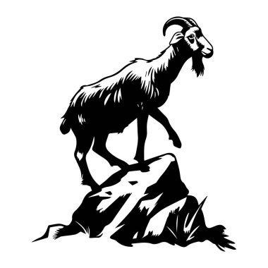 Majestic Goat Standing on Rocky Terrain in Black and White Silhouette Design for Wildlife and Nature Themes