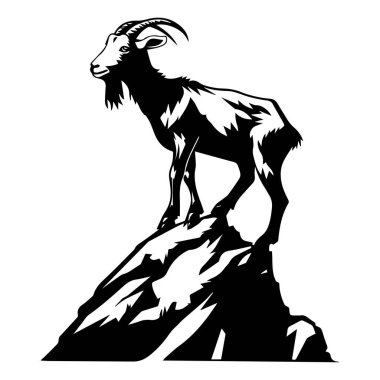 Monochromatic Illustration of a Goat Standing on a Rock in a Stylized Design for Artistic and Nature-Themed Projects