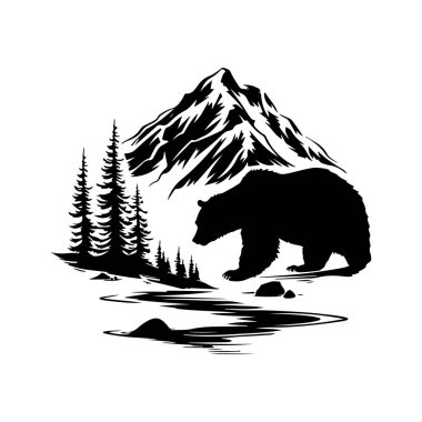 Majestic Black Bear in Scenic Mountain Landscape Silhouette with Pine Trees and River Reflection