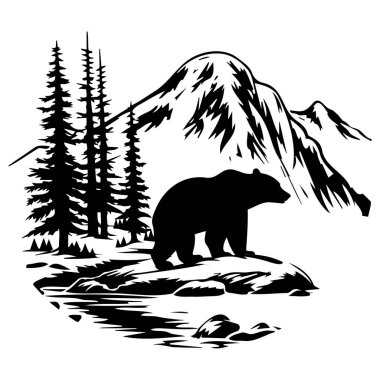 Majestic Bear Silhouette in Pine Forest with Snow-Capped Mountains and Calm River Scene in Black and White Design