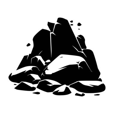 Black and white silhouette of rugged rock formation with scattered stones on flat surface perfect for nature-themed backgrounds or graphic designs