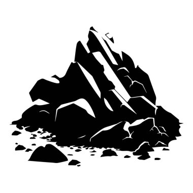 Abstract black and white illustration of rock formation with sharp edges and varying shapes on a white background for creative projects