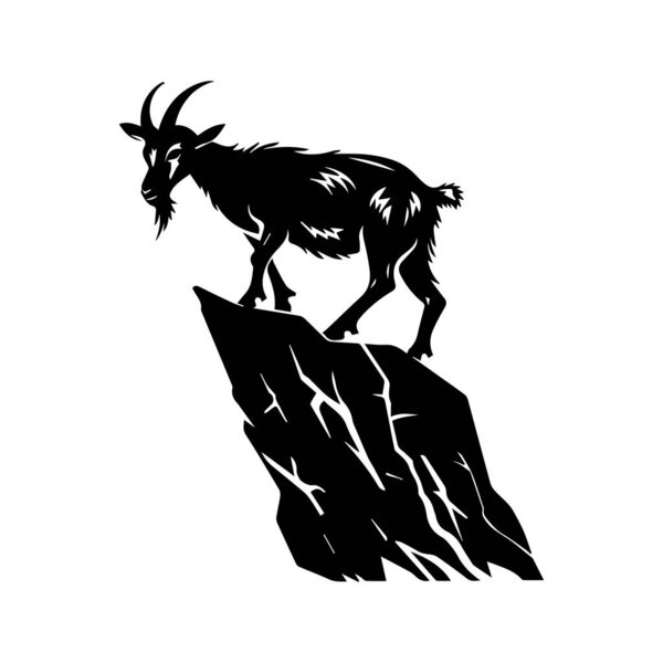 Black and White Silhouette of a Goat Standing on a Rocky Cliff Overlooking the Landscape