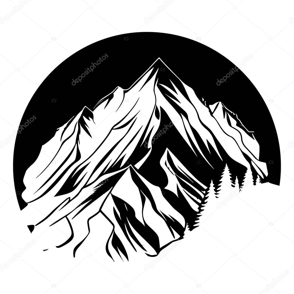 Majestic Mountain Silhouette with Pine Trees Against a Circular Background in Black and White