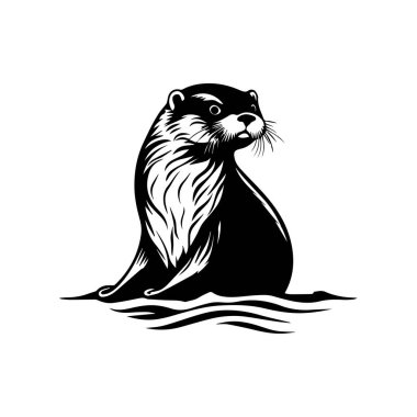 Black and white illustration of an otter emerging from the water, showcasing its playful and curious nature in a minimalist style