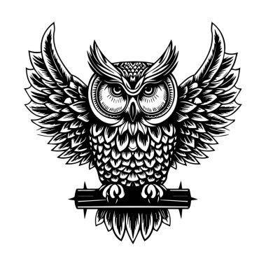 Detailed Illustration of an Elegant Owl with Wings Spread, Capturing the Beauty of Nature and Wildlife in Black and White Art Style