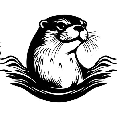 Detailed Illustration of an Otter Swimming in Water, Showcasing Its Playful Expression and Unique Characteristics in a Black and White Style