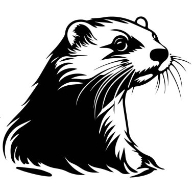 Detailed Black and White Illustration of River Otters Head with Distinctive Features and Whiskers