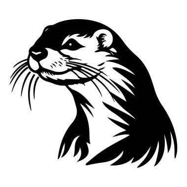 Stylized Illustration of an Otter Head with Detailed Fur and Whiskers in Black and White Color Scheme for Use in Various Designs