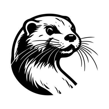 Detailed Black and White Illustration of an Otter Head with Whiskers and Playful Expression for Nature and Wildlife Themes
