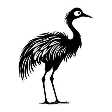 Elegant silhouette of a crane bird with intricate feather details standing gracefully on a white background for artistic and decorative uses