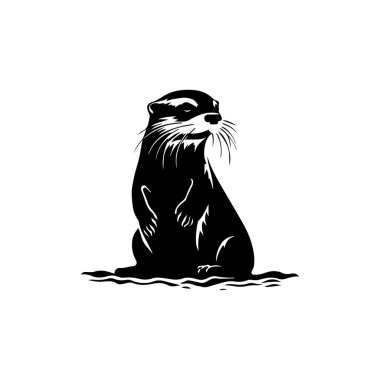 Black and White Illustration of a Playful Otter Sitting on the Water Surface with Whiskers and Small Waves Around Its Body