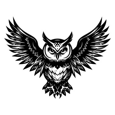 Majestic Black and White Owl with Outstretched Wings in a Bold Graphic Style for Artistic and Wildlife Themes