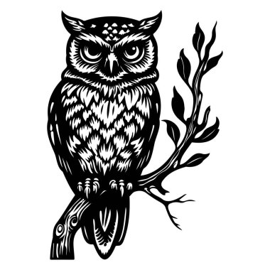 Intricate Black and White Illustration of an Owl Perched on a Branch with Detailed Feathers and Expressive Eyes
