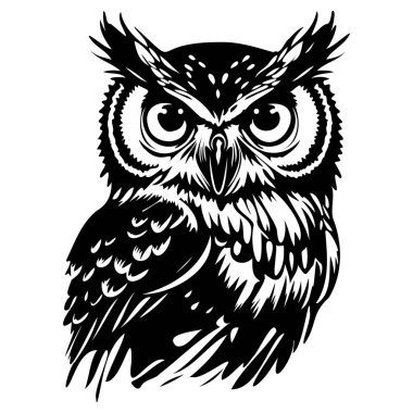 Realistic black and white illustration of a wise owl with large eyes and detailed feathers, capturing the essence of nocturnal wildlife in art