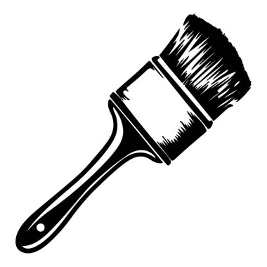 Black and White Illustration of a Paint Brush with Bristle Head and Wooden Handle for Artistic and Creative Projects