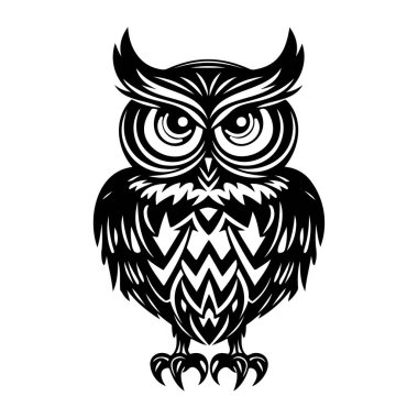 Detailed Black and White Tribal Owl Illustration with Intricate Patterns and Stylized Features for Artistic and Decorative Use