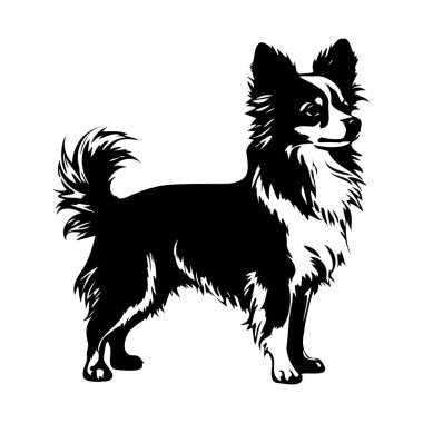 Elegant silhouette of a small dog standing proudly, showcasing a fluffy tail and distinct features in a minimalist design style for artistic projects