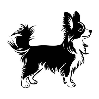 Black and White Silhouette of a Small Dog with Fluffy Fur and Perky Ears in a Standing Position