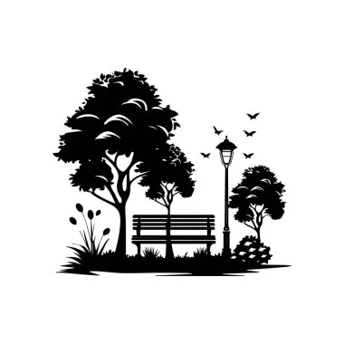 Serene Park Scene with Trees, Bench, and Street Lamp in Black Silhouette Design for Contemporary Aesthetic Environments