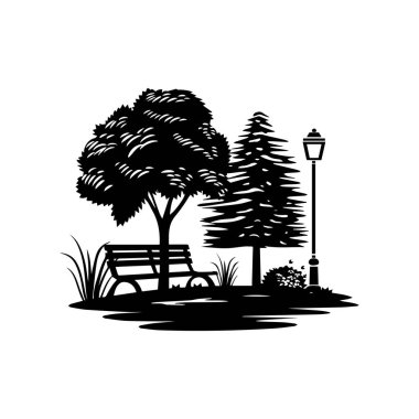 Black and White Illustration of a Park Scene Featuring Trees, Bench, and Street Lamp for Outdoor Environment Design Projects