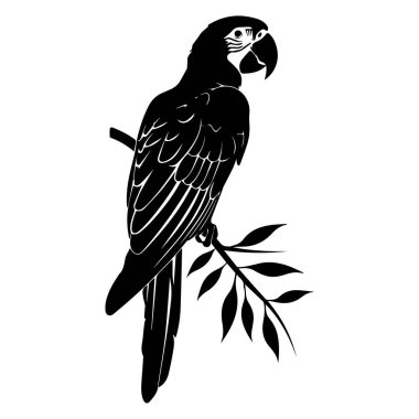 Elegant silhouette of a tropical parrot perched on a branch surrounded by lush leaves, ideal for nature and wildlife themed designs