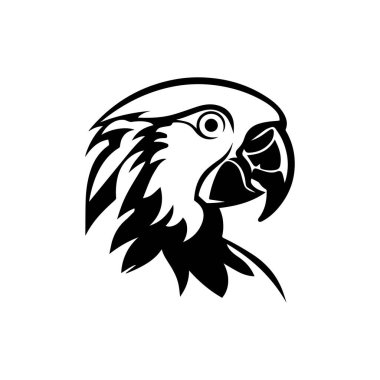 Elegant Black and White Illustration of a Parrot Head with Detailed Features and Sharp Beak Ideal for Nature and Wildlife Themes