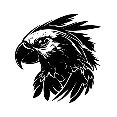 Detailed Illustration of a Fierce Hawk Profile with Intricate Feather Patterns in Black and White