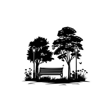 Serene Park Scene with Bench, Trees and Street Lamps in Minimalist Black and White Style for Tranquil Nature Aesthetic