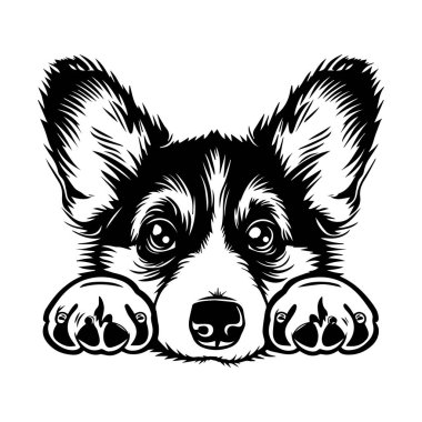 Black and white illustration of a cute dog with large ears resting its head on paws, perfect for pet lovers and animal enthusiasts