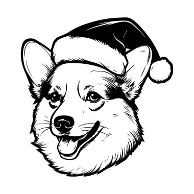 Cheerful Corgi Dog Wearing Santa Hat in Black and White Illustration for Holiday and Christmas Themes