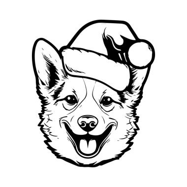 Cheerful Corgi Dog Wearing Santa Hat in Black and White Line Art Style Perfect for Holiday Designs and Festive Decorations