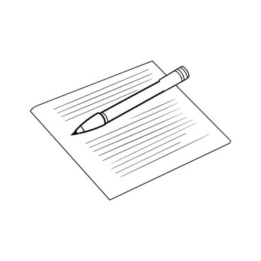 Black and white sketch of a pen resting on a sheet of lined paper, ideal for illustrating writing, note-taking, and educational concepts in design projects