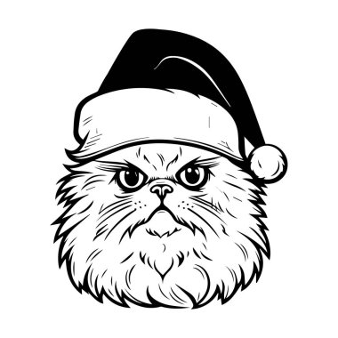 Angry Cat Illustration Wearing Santa Hat for Christmas Celebration, Holiday Season, Cute and Funny Pet Design