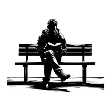 Young person reading a book on a park bench in black and white line art illustration, capturing a moment of quiet reflection and solitude.