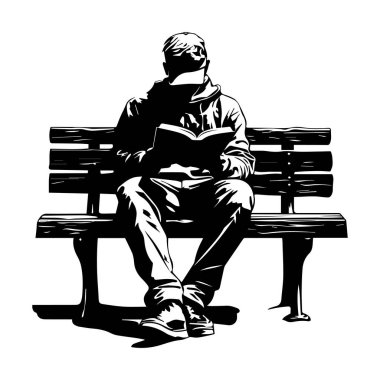Man Sitting on Bench Reading Book in Urban Environment Artistic Black and White Illustration