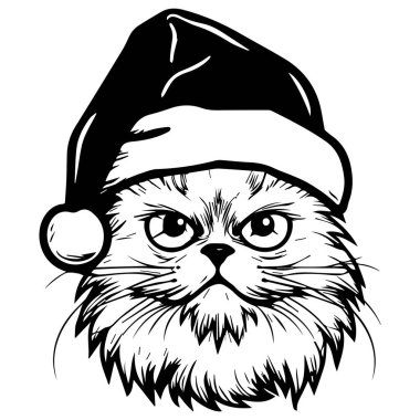 Cute Cat Wearing Santa Hat, Grumpy Expression, Hand-Drawn Style, Christmas Theme, Festive Animal Art, Perfect for Holiday Decorations and Cards