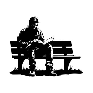 Young man reading book on park bench, silhouette style, enjoying quiet time in nature, solitude and relaxation concept, black and white illustration
