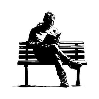 Young Person Sitting on a Bench Reading a Book in a Minimalist Style, Artistic Black and White Illustration, Quiet Moment in Nature