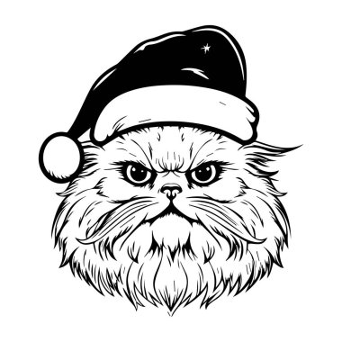 Angry Cat Wearing Santa Hat for Holiday Celebration, Detailed Expression, Graphic Design, Black and White Illustration of Feline