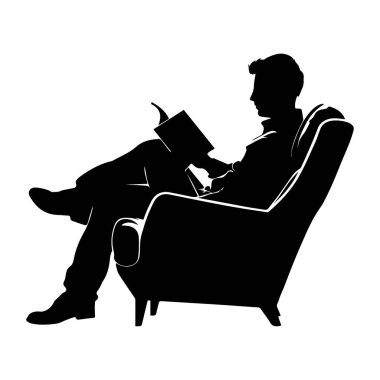 Relaxed Man Sitting in Armchair Reading Book Silhouette against a Light Background for Creative and Lifestyle Illustrations